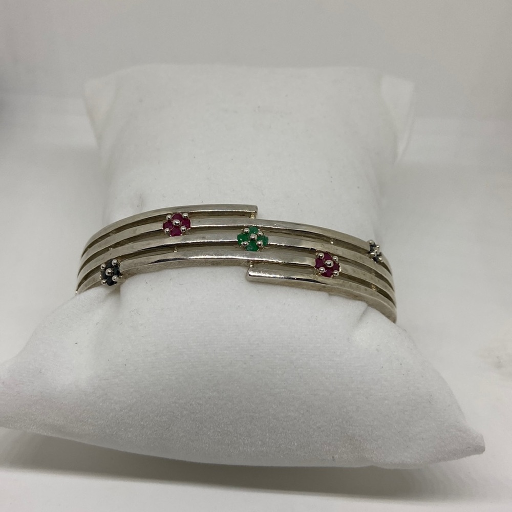 Bangle bracelet 925 silver china seal 26.gms 20 round blue, red, green stones.
